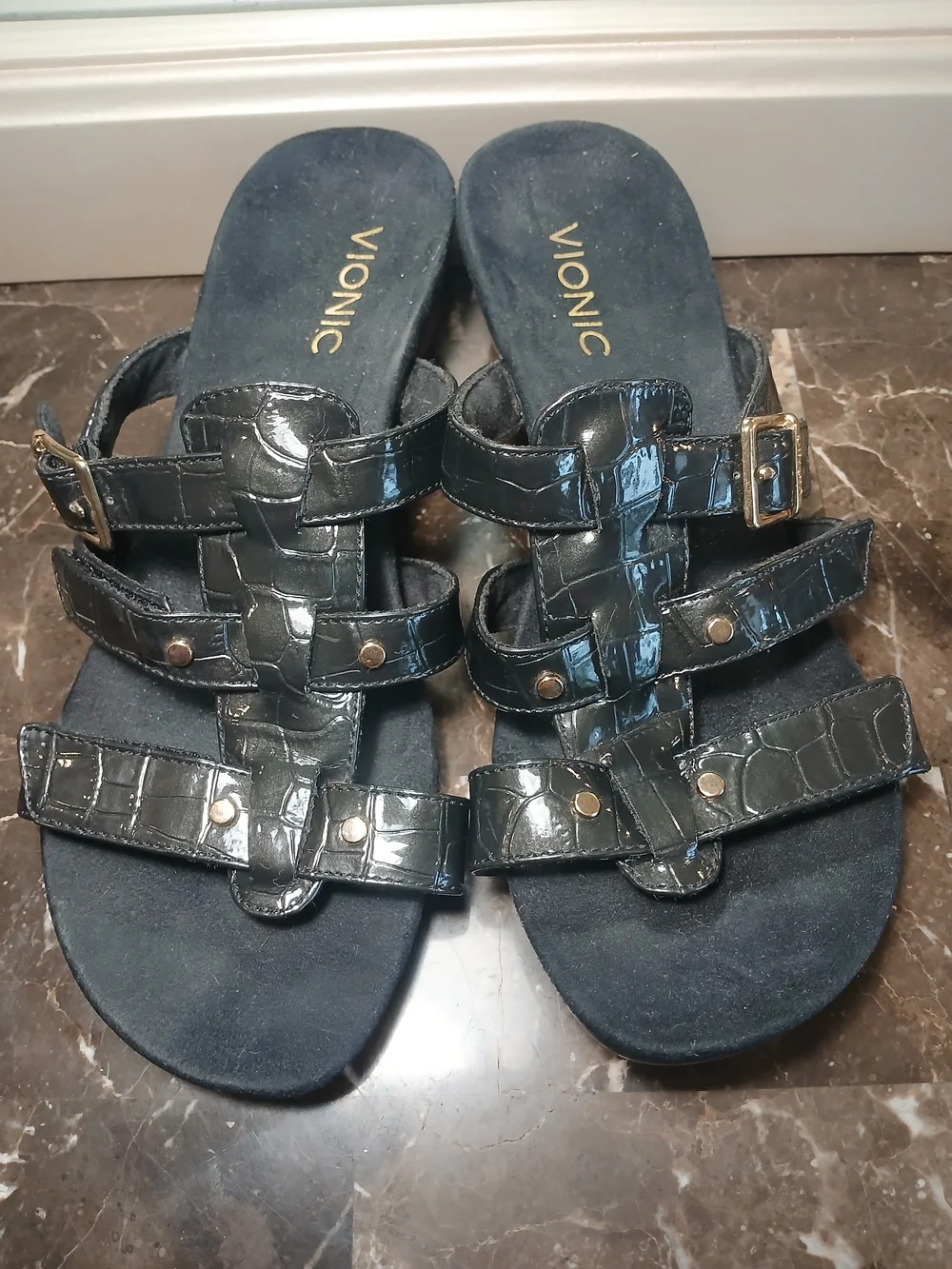 Vionic Black Croc-Embossed Triple Buckle Slide Sandals